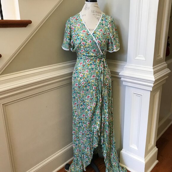 Poupette St Barth Joe Wrap Dress Womens Small Green White Pink VNeck Floral Midi - Picture 6 of 13